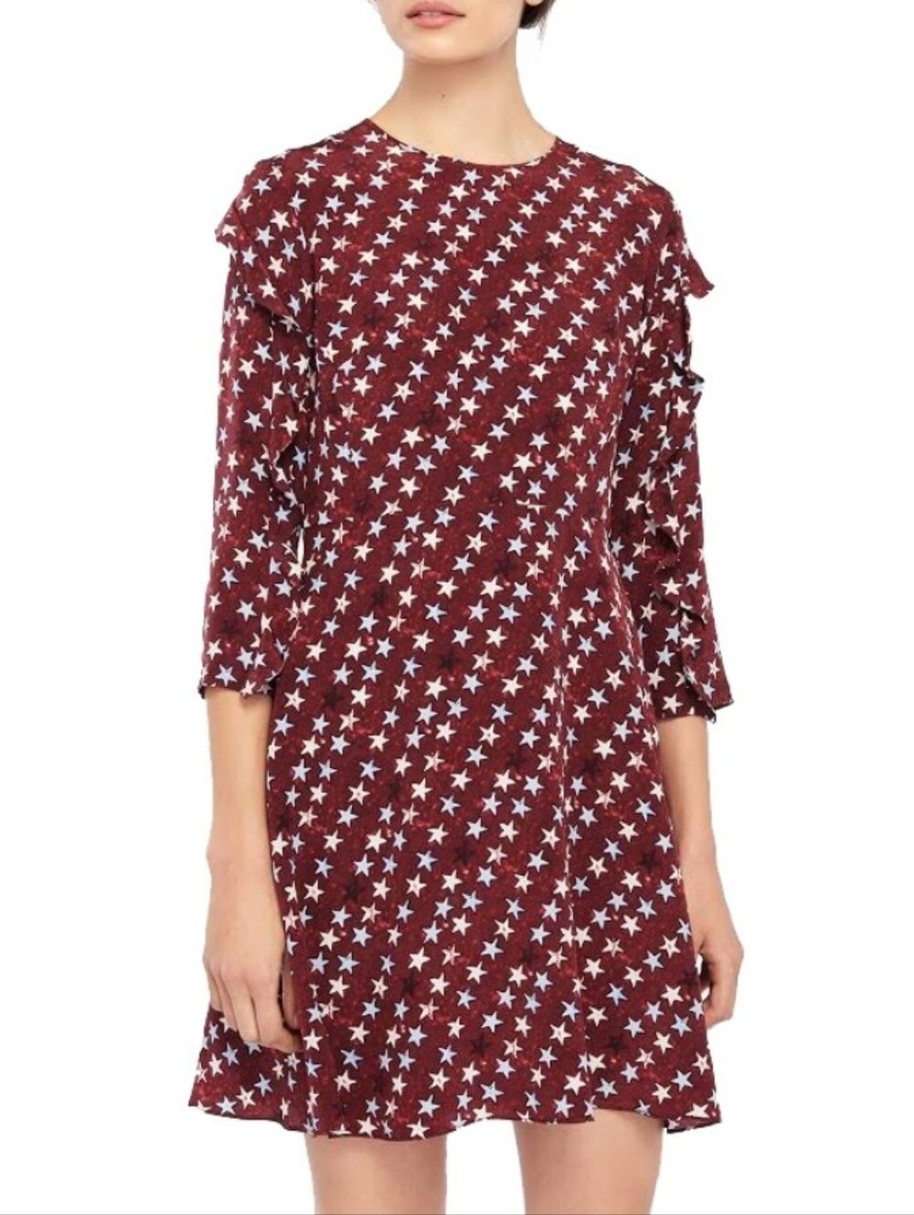 Sandro Silk Star Print Burgundy Short Sleeve Dress Like New